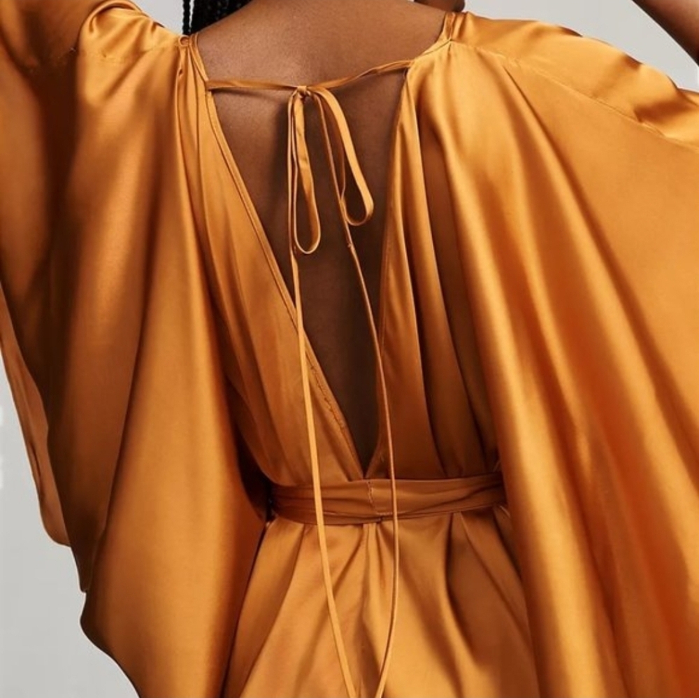 Anthropologie Satin Kaftan Tie Front Maxi Dress OS Adjustabe In Bronze NWT$200 - Picture 8 of 12